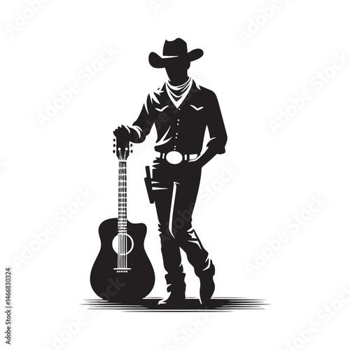 Modern Cowboy with Guitar Vector Silhouette, Country Music Icon, Western Vibes, Rustic Charm, Country Lifestyle, Acoustic Spirit, Cowboy Soul.
