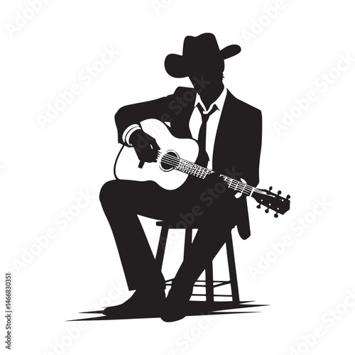 Modern Cowboy with Guitar Vector Silhouette, Country Music Icon, Western Vibes, Rustic Charm, Country Lifestyle, Acoustic Spirit, Cowboy Soul.

