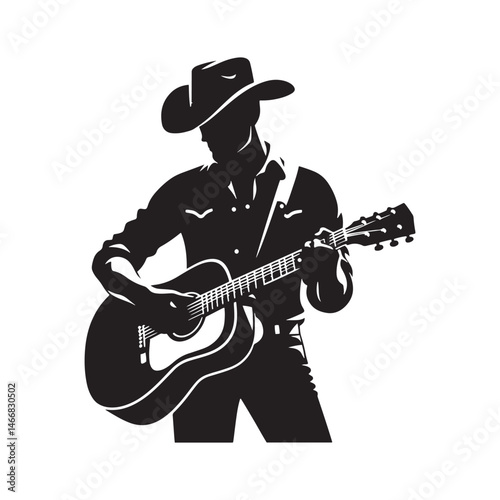 Modern Cowboy with Guitar Vector Silhouette, Country Music Icon, Western Vibes, Rustic Charm, Country Lifestyle, Acoustic Spirit, Cowboy Soul.
