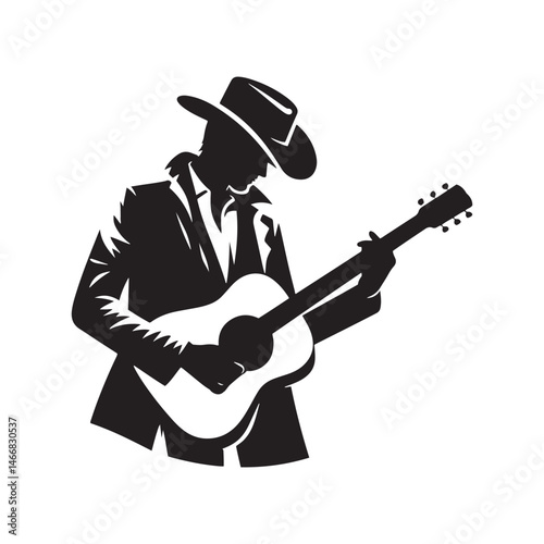 Modern Cowboy with Guitar Vector Silhouette, Country Music Icon, Western Vibes, Rustic Charm, Country Lifestyle, Acoustic Spirit, Cowboy Soul.
