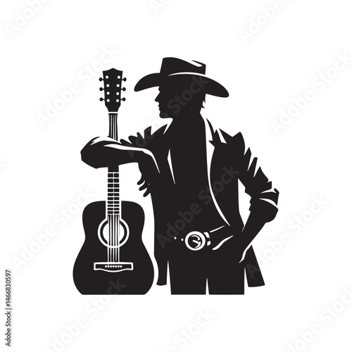 Modern Cowboy with Guitar Vector Silhouette, Country Music Icon, Western Vibes, Rustic Charm, Country Lifestyle, Acoustic Spirit, Cowboy Soul.
