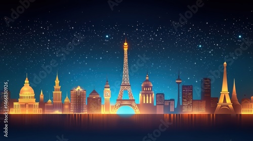 Mesmerizing High Contrast Skyline of European Cities at Night with Starry Sky and Illuminations
