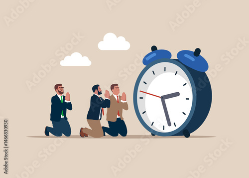 Business people praying on the knees to the with clock. Pushing back hour. Self discipline or self control to complete work or achieve business target, time management to increase productivity