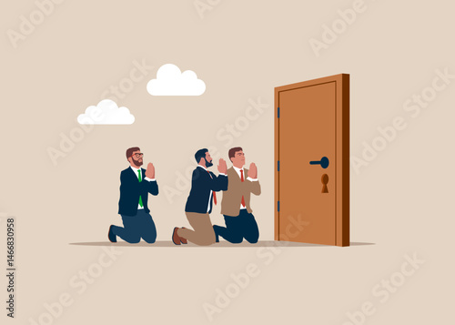 Job search. Business team is on his knees and ask for help on new position to new office. Business team searching for new opportunities. HR, recruitment. Prays to open the door. Vector illustration