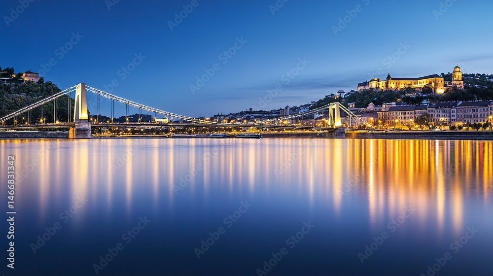 A glowing suspension bridge at twilight, its modern design mirrored in the tranquil waters beneath, creating a serene cityscape perfect for tourism visuals.  