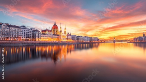 Mesmerizing Reflection of Historical European Landmark Under Beautiful Sky at Sunset