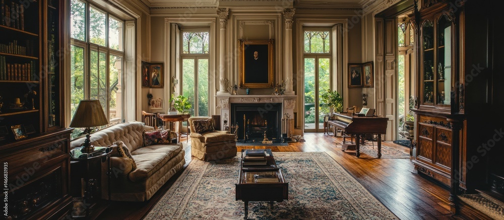 Elegant, antique living room with period features Elegant, antique living room with period features