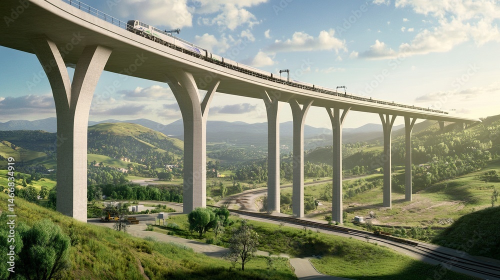 Fototapeta premium A high-speed railway bridge being built over a wide valley, its towering columns and sleek design harmonizing with the surrounding landscape. 