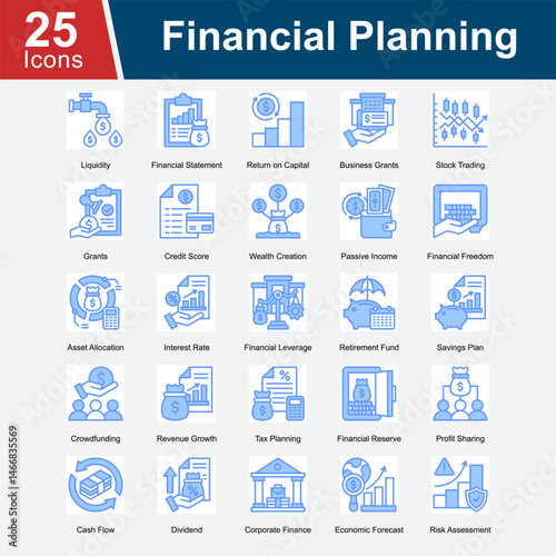 Financial Planning is a collection of icons covering essential aspects of personal and corporate finance, including budgeting, investment strategies, savings, risk management, and long-term wealth.