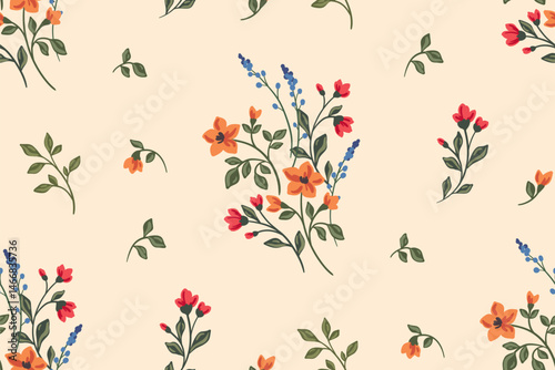 Seamless floral pattern, elegant ditsy print with hand drawn wild flowers. Beautiful botanical design in vintage rustic motif, small flowers, tiny leaves, simple bunch on yellow. Vector illustration.