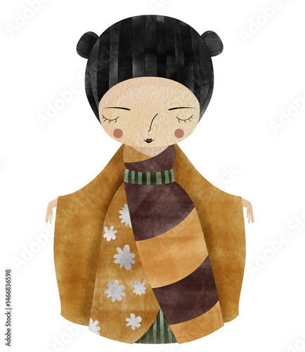 Watercolor painting of a Japanese geisha doll in a kimono
