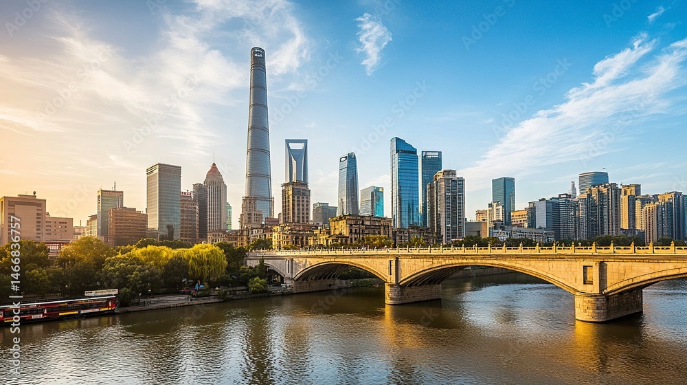 Naklejka premium A historic arched bridge crossing a river, the skyline of modern skyscrapers rising in the distance, blending past and present. 
