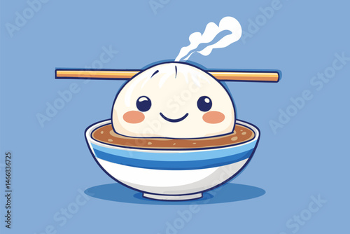 A cute dumpling cartoon character in a bowl with chopsticks