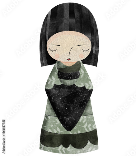 Watercolor Kokeshi doll clip art