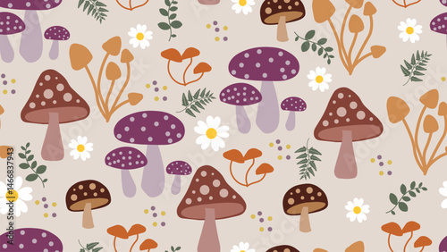 Mushroom seamless pattern background. Cute mushroom pattern. Cute mushroom illustration. Perfect for fabric, textile, wallpaper, decor, print, packaging