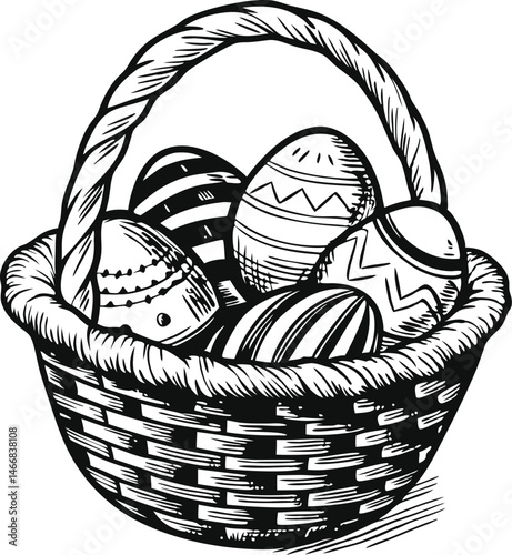Vintage black and white engraved illustration of a wicker basket filled with decorated Easter eggs featuring traditional patterns and textures

