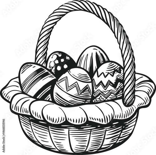 Vintage black and white engraved illustration of a wicker basket filled with decorated Easter eggs featuring traditional patterns and textures

