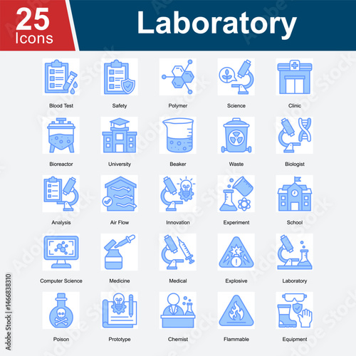 Laboratory is a collection of icons representing scientific research, lab safety, chemical experimentation, medical analysis, and innovative testing environments used in educational, clinical.