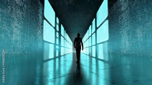 A solitary figure walks through a futuristic corridor with glowing walls, evoking a sense of mystery and exploration