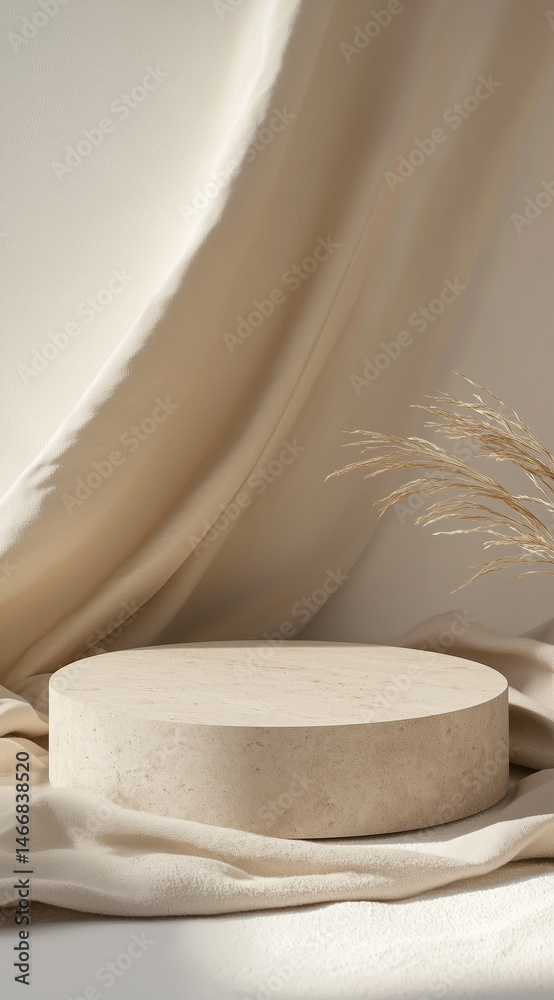 A minimalist still life featuring a smooth wooden platform with soft, neutral fabric draping in the background, accented by a sprig of dried wheat, creating a serene and organic atmosphere. A minimalist still life featuring a smooth wooden platform with soft, neutral fabric draping in the background, accented by a sprig of dried wheat, creating a serene and organic atmosphere.