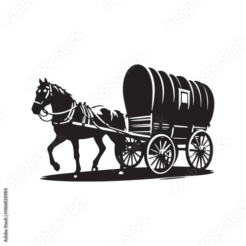 Pioneer Wagon Cowboy Vector Silhouette, Frontier Spirit, Western Trailblazer, Old West Adventure, Rugged Pioneer Life, Cowboy Heritage, Wagon Trail.
