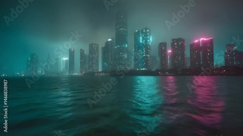 A vibrant city skyline at night, illuminated by neon lights, reflecting on the water with a foggy atmosphere