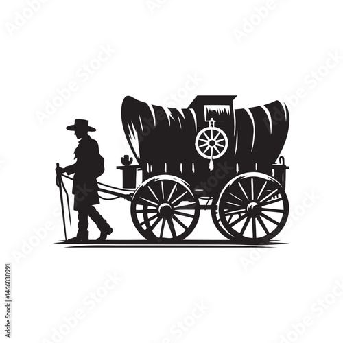 Pioneer Wagon Cowboy Vector Silhouette, Frontier Spirit, Western Trailblazer, Old West Adventure, Rugged Pioneer Life, Cowboy Heritage, Wagon Trail.
