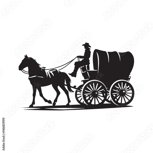 Pioneer Wagon Cowboy Vector Silhouette, Frontier Spirit, Western Trailblazer, Old West Adventure, Rugged Pioneer Life, Cowboy Heritage, Wagon Trail.
