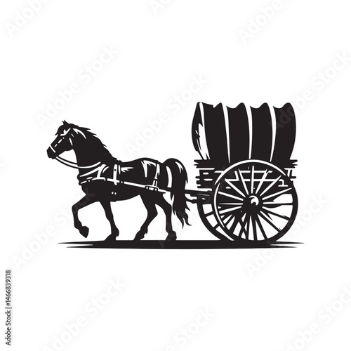 Pioneer Wagon Cowboy Vector Silhouette, Frontier Spirit, Western Trailblazer, Old West Adventure, Rugged Pioneer Life, Cowboy Heritage, Wagon Trail.
