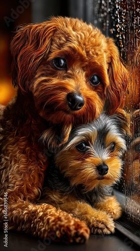 A heartwarming close-up of a toy poodle and a Maltese puppy cuddled together by a rainy window, captured in rich detail and warm lighting – AI Generated Digital Art