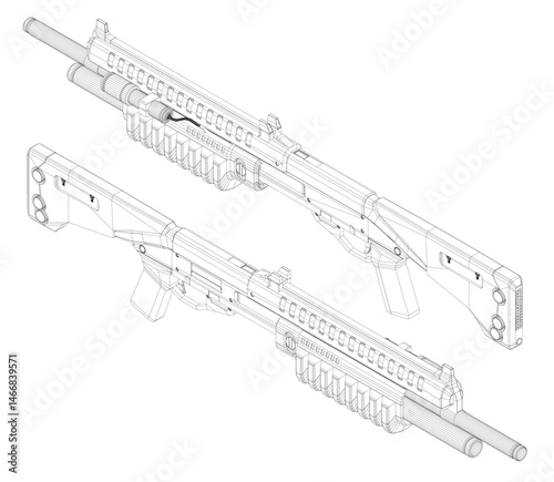 Two guns are shown in a black and white drawing. The guns are positioned in such a way that they appear to be in a cross-hairs position. Scene is tense and serious. Isometric view. 3D