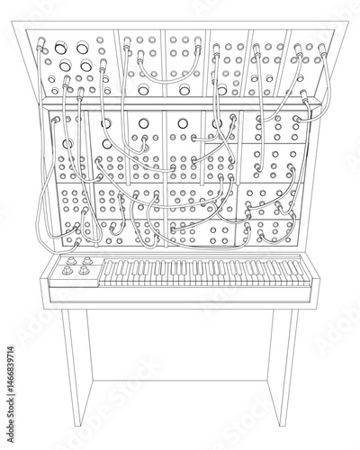 A black and white drawing of a synthesizer with many knobs and buttons. The synthesizer is a large, old-fashioned instrument with a lot of buttons and knobs. The drawing conveys a sense of nostalgia