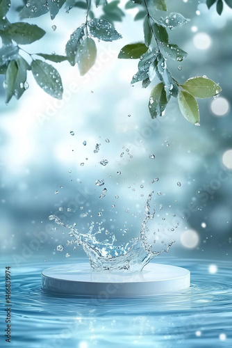 A splash of water creates ripples in a serene, light-filled pool with soft green leaves framing the scene, evoking a refreshing, natural, and tranquil atmosphere.