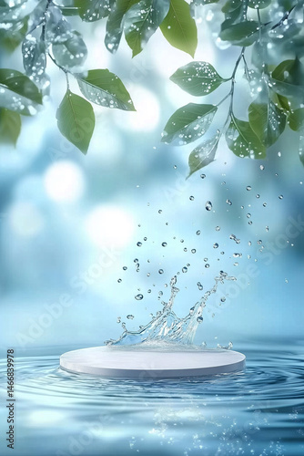 A splash of water creates ripples in a serene, light-filled pool with soft green leaves framing the scene, evoking a refreshing, natural, and tranquil atmosphere.