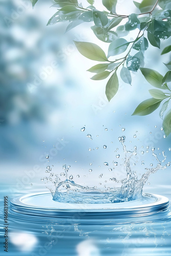 A splash of water creates ripples in a serene, light-filled pool with soft green leaves framing the scene, evoking a refreshing, natural, and tranquil atmosphere.