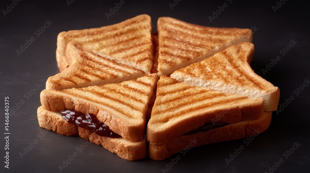 Fototapeta premium Grilled sandwich triangles arranged in a circular pattern on a dark background.