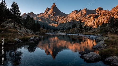 Mountain peak reflected in tranquil lake at sunrise