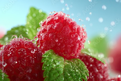 Fresh raspberries with water droplets and mint leaves