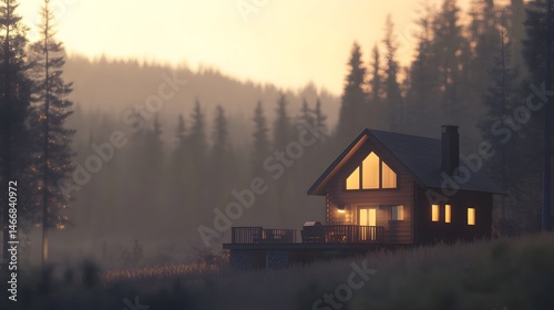 Cozy Cabin in Misty Forest at Sunset Warm Lights Peaceful Nature Escape