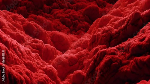 Abstract red landscape resembling a surreal terrain with textured layers, evoking feelings of depth and intensity