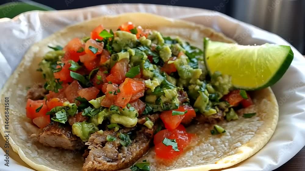 Delicious taco filled with grilled meat, fresh guacamole, and salsa, served with lime wedge