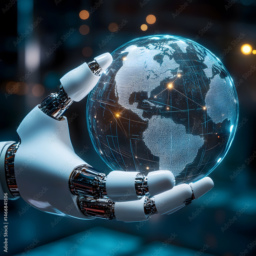 Robotic hand interacting with glowing holographic globe, visualizing influence of artificial intelligence on global connectivity, digital infrastructure, and the evolving future of technology.