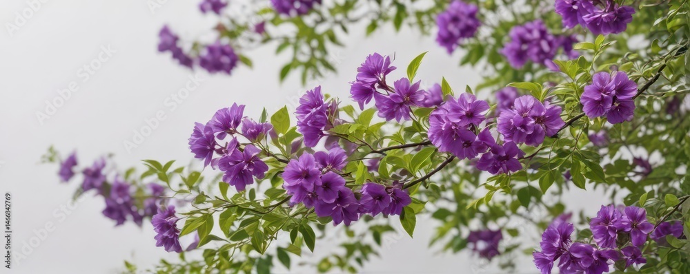 Fototapeta premium Vibrant purple blossoms, lush green leaves, white backdrop, nature, flowers, close-up