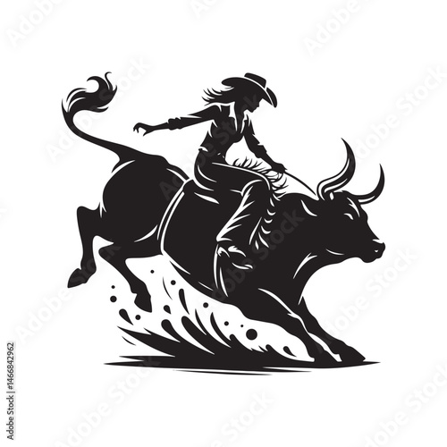 Rodeo Bull Rider Vector Silhouette, Wild West Action, Cowboy Courage, Rough Ride, Western Spirit, Adrenaline Rush, Rodeo Champion, Bucking Bronco.
