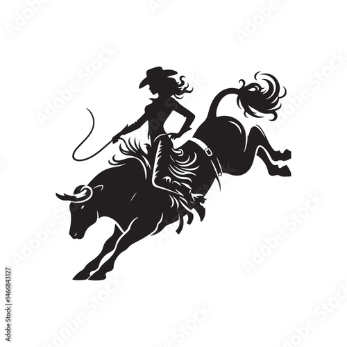 Rodeo Bull Rider Vector Silhouette, Wild West Action, Cowboy Courage, Rough Ride, Western Spirit, Adrenaline Rush, Rodeo Champion, Bucking Bronco.
