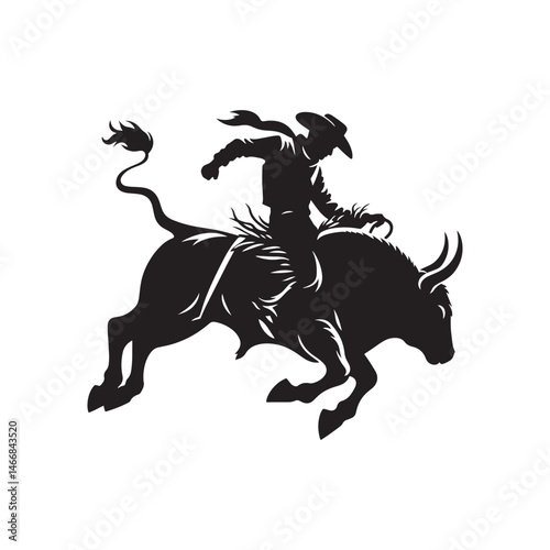 Rodeo Bull Rider Vector Silhouette, Wild West Action, Cowboy Courage, Rough Ride, Western Spirit, Adrenaline Rush, Rodeo Champion, Bucking Bronco.

