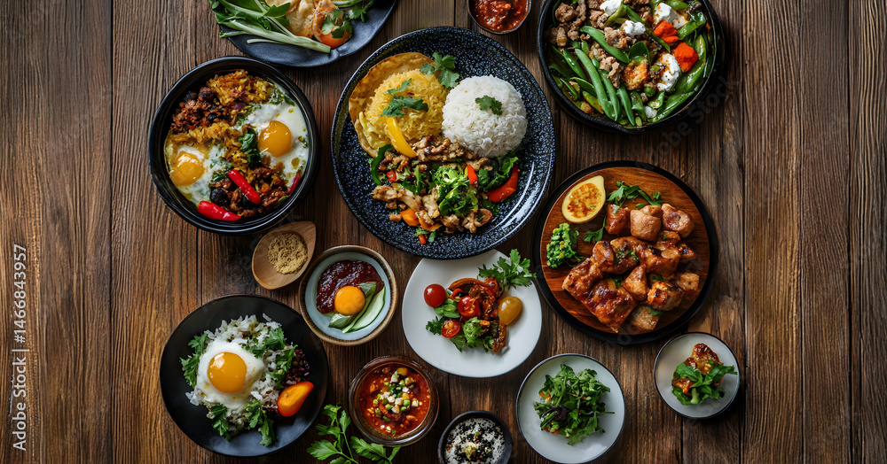 Overhead flat-lay colorful dishes from different countries arranged on wooden table, celebrating global cuisine, cultural exchange, and diversity of traditional food experiences.