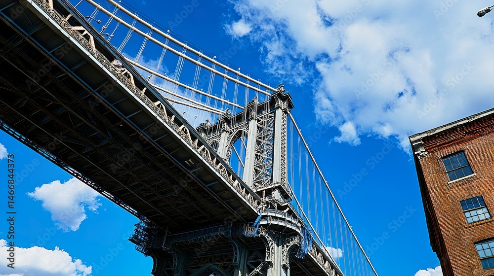 Obraz premium A low-angle photo of a steel suspension bridge, its towering cables and structure stretching into a vibrant blue sky, symbolizing civil engineering excellence.
