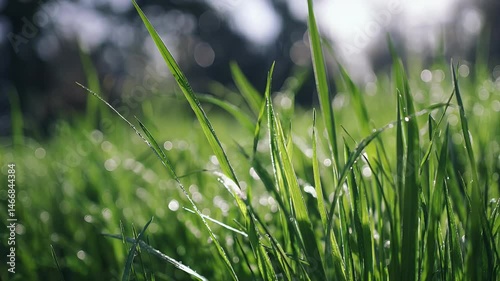 Close-up of dew-covered grass blades in a lush green field, with sunlight filtering through trees in the background