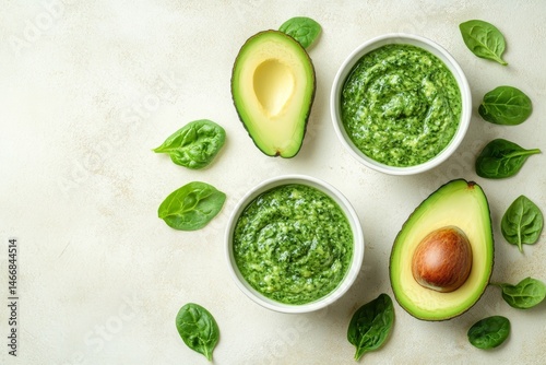Creamy Green Smoothie Bowls with Fresh Spinach and Avocado, Healthy Vegan Breakfast Concept